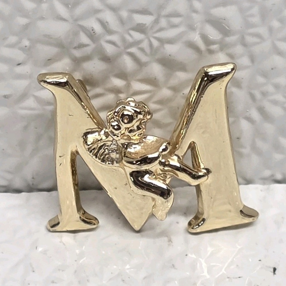Initial Brooch L Razza Letter M Vintage Cherub Pin Gold Tone Grannycore